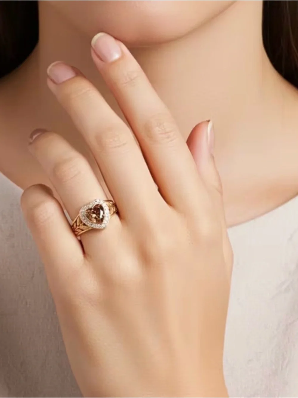 Gold Heart Ring with Brown Center Stone and Clear Accent Stones